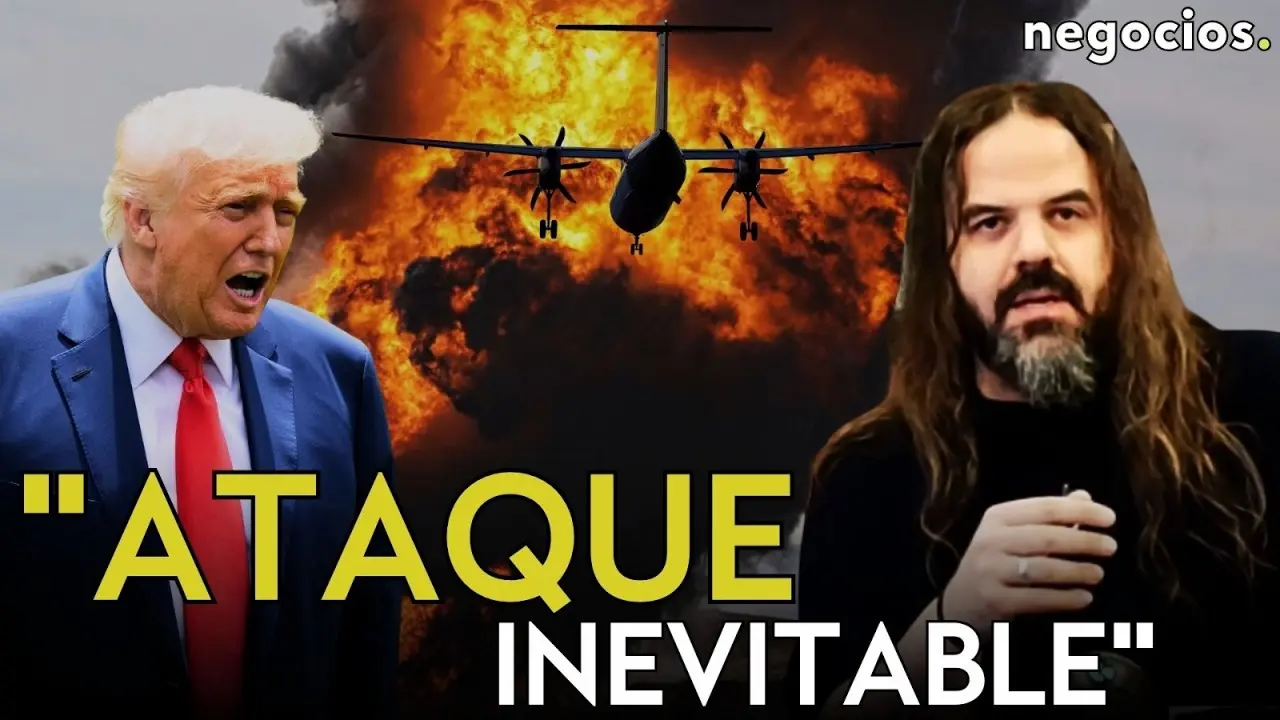 Montaje gráfico con avión y llamas ataque Irán Trump