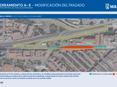 Plano de modificación temporal del trazado de la A-5 Plano del desvío temporal en el paseo de Extremadura junto a Huerta de Castañeda