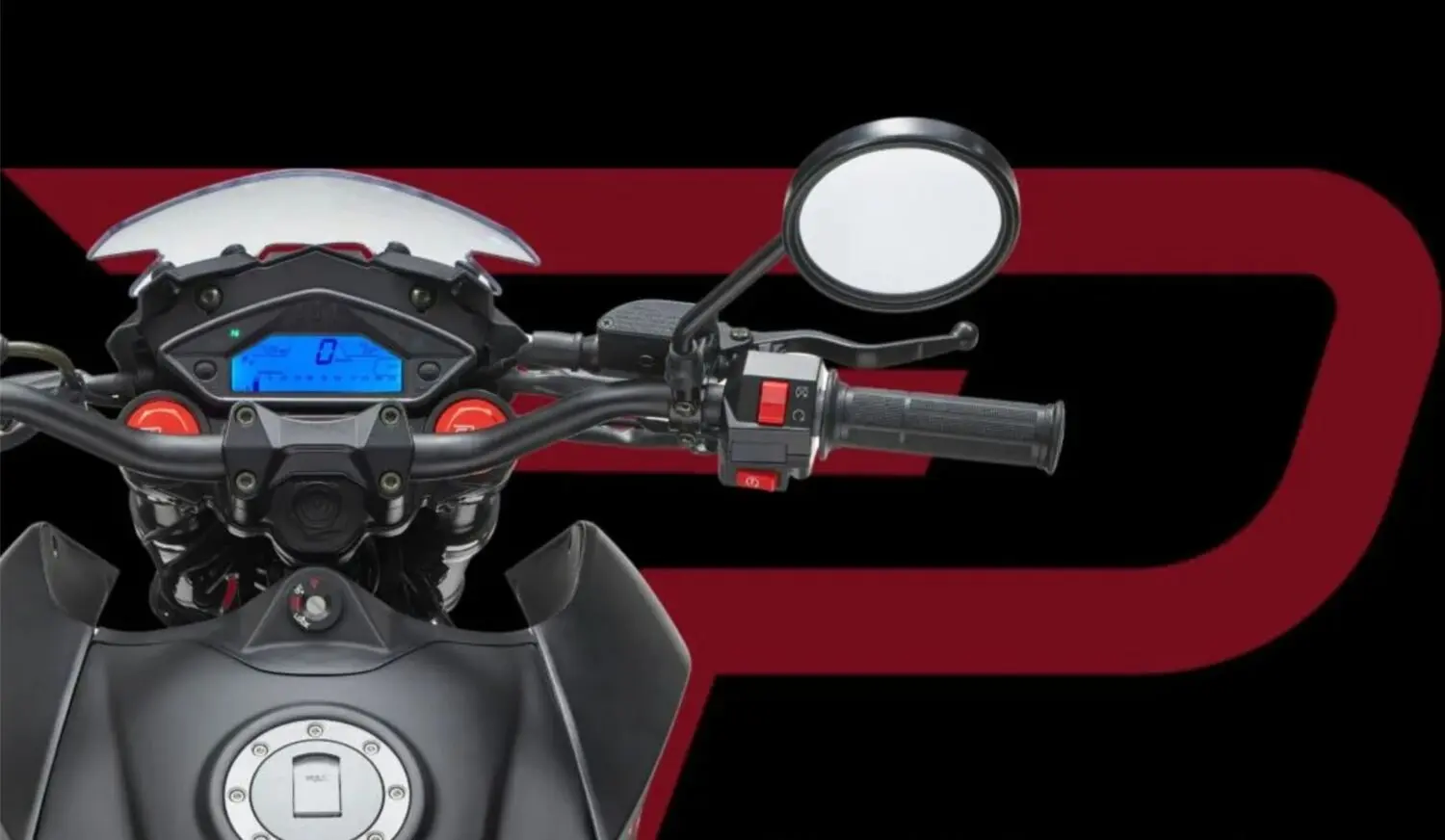 Detalle del manillar, el cuadro digital y el depósito de una motocicleta trail de Lidl
