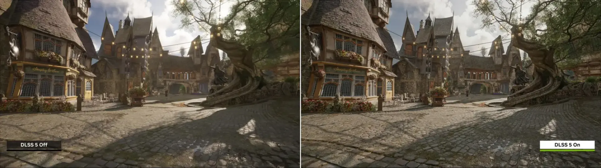 Comparativa visual de DLSS 5 Comparativa de una plaza recreada en un videojuego con DLSS 5 activado y desactivado.