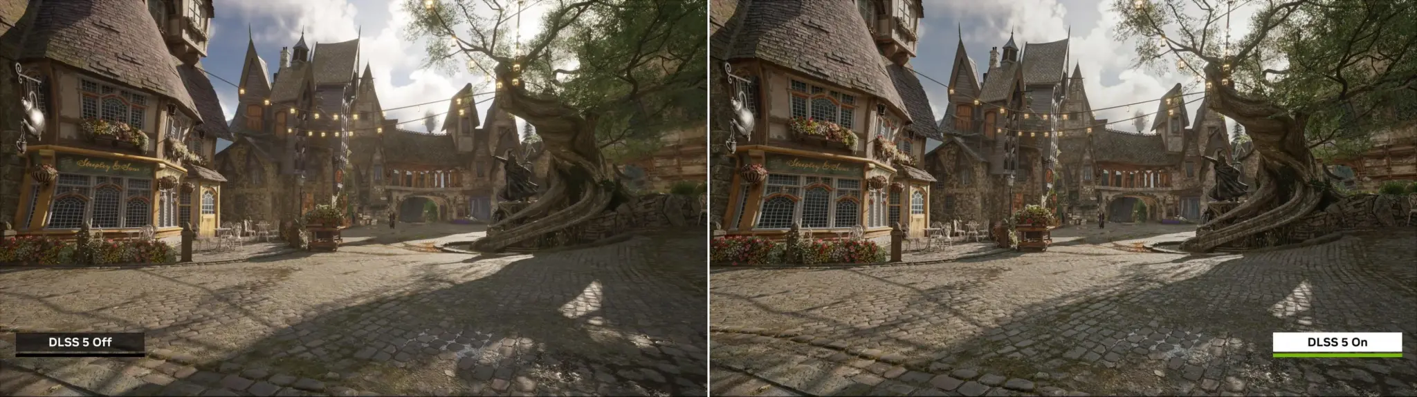 Comparativa de una plaza recreada en un videojuego con DLSS 5 activado y desactivado.