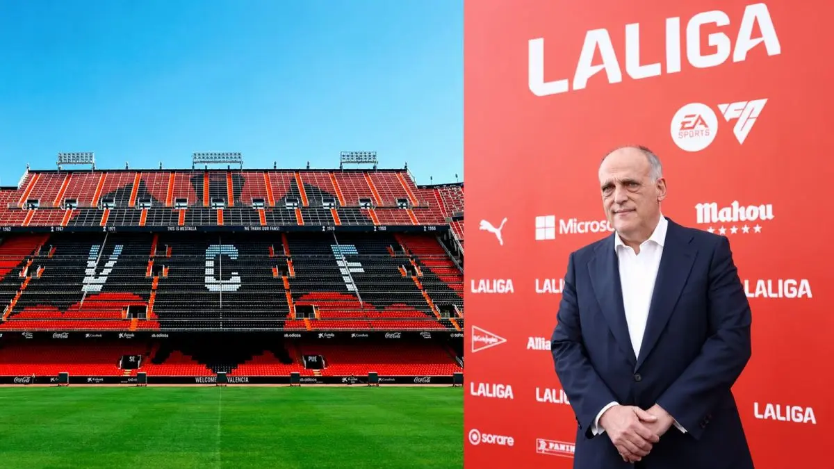 Estadio de fútbol y hombre ante fondo de LaLiga Composición fotográfica con un estadio de fútbol y un hombre ante un fondo de LaLiga.