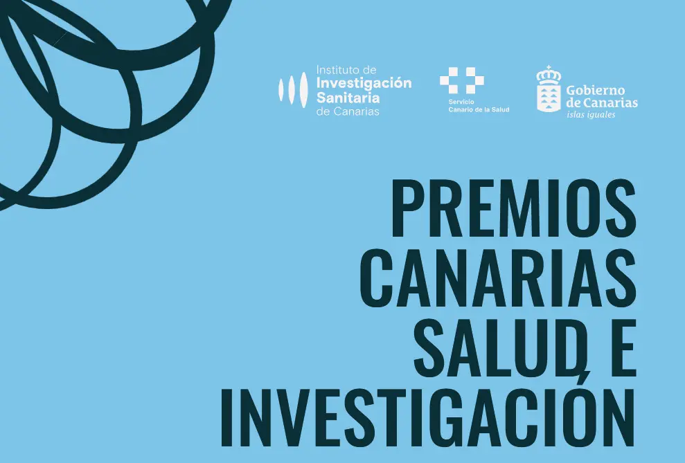 Gráfico azul de los Premios Canarias de Salud e Investigación con logotipos institucionales.