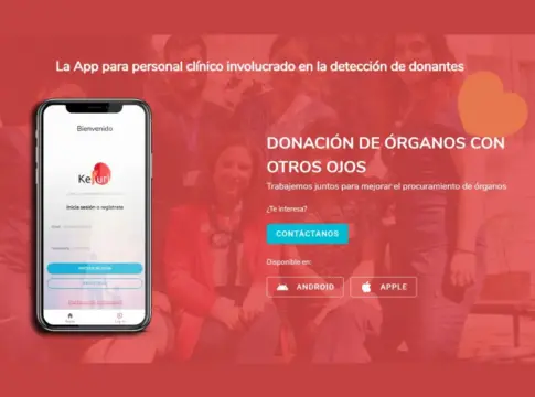 Gráfico promocional de la aplicación Kefuri Gráfico promocional de Kefuri con una pantalla de aplicación móvil y texto sobre donación de órganos