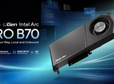 Gráfico promocional de la tarjeta ASUS UGen B70 Gráfico promocional de ASUS con una tarjeta UGen Intel Arc Pro B70 de 32 GB.