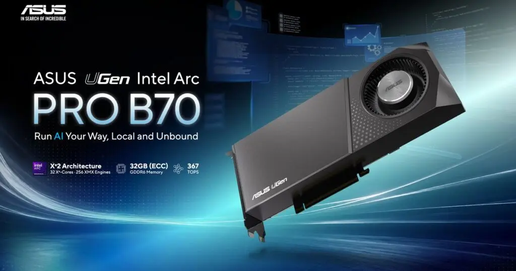 Gráfico promocional de ASUS con una tarjeta UGen Intel Arc Pro B70 de 32 GB.
