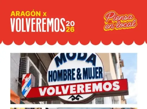 Gráfico de Volveremos 2026 y comercio local Gráfico de Volveremos 2026 sobre una fotografía de un rótulo de tienda de moda.