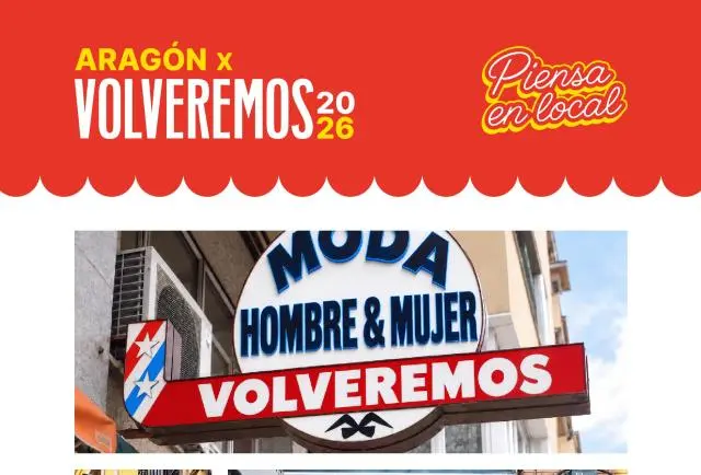 Gráfico de Volveremos 2026 sobre una fotografía de un rótulo de tienda de moda.