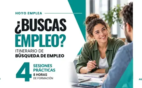 Gráfico del itinerario de búsqueda de empleo Gráfico de Hoyo Emplea sobre búsqueda de empleo, con una fotografía de dos personas conversando.