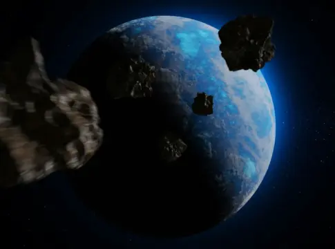 Ilustración de asteroides ante un cuerpo celeste defensa planetaria