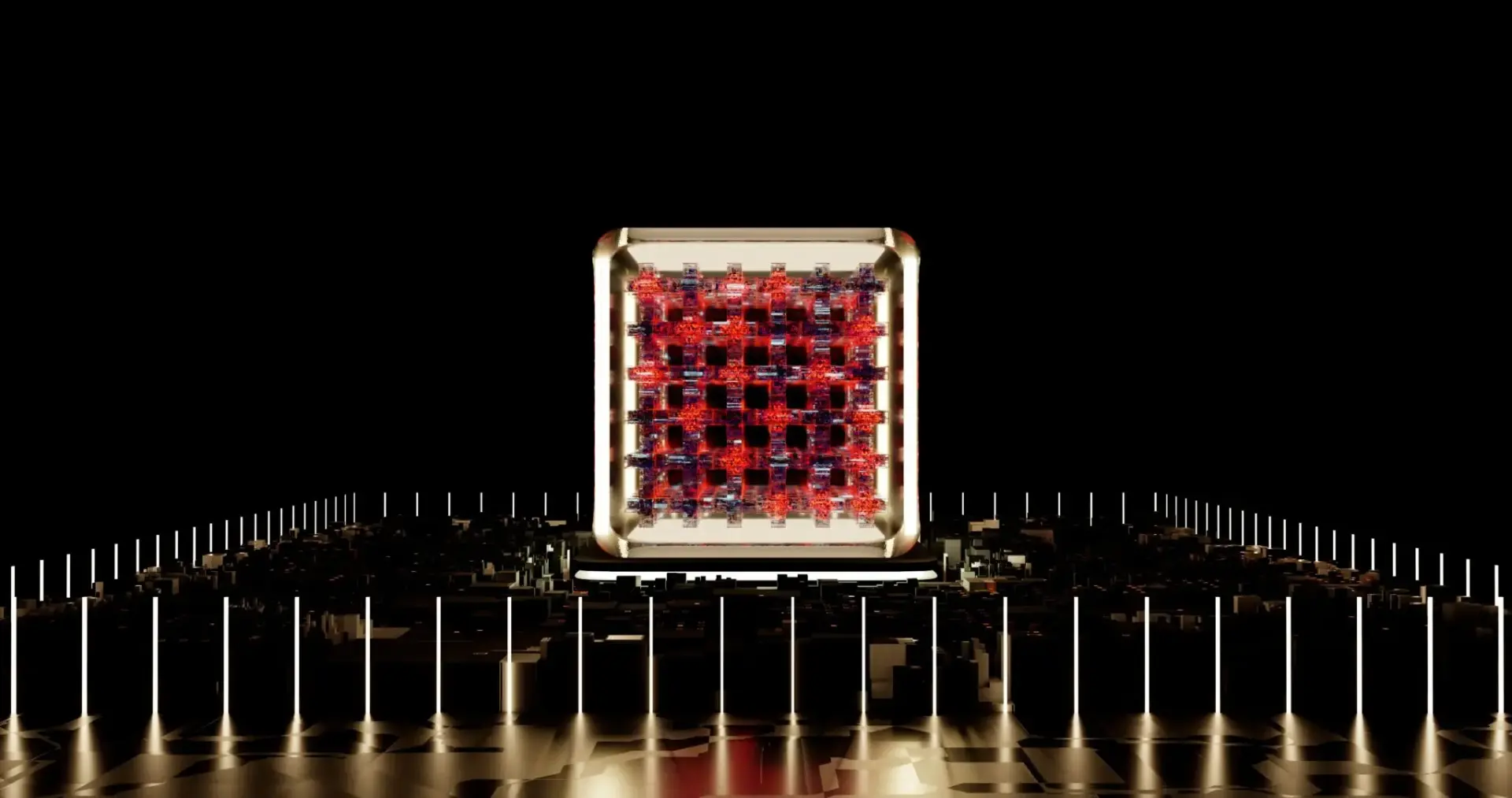 Cubo luminoso sobre paisaje tecnológico Starknet salida Ethereum