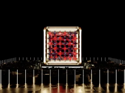 Cubo luminoso sobre paisaje tecnológico Starknet salida Ethereum