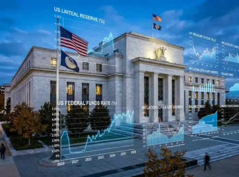 Edificio de la Reserva Federal con gráficos Ilustración del edificio de la Reserva Federal con gráficos financieros superpuestos al anochecer. Imagen generada por IA