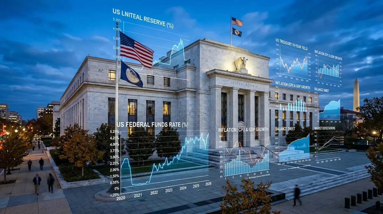 Edificio de la Reserva Federal con gráficos Ilustración del edificio de la Reserva Federal con gráficos financieros superpuestos al anochecer. Imagen generada por IA