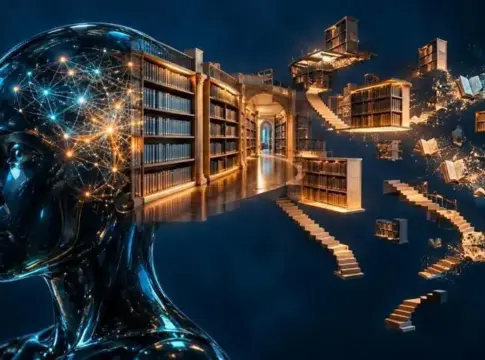 Cabeza robótica y biblioteca digital Ilustración de una cabeza robótica conectada a una red luminosa frente a estanterías flotantes