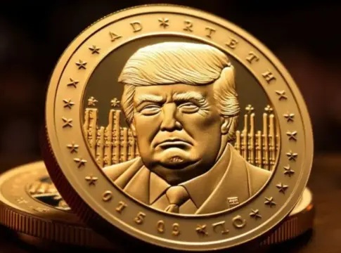 Ilustración de moneda dorada con TRUMP Ilustración de una moneda dorada con el texto TRUMP y un retrato en relieve.