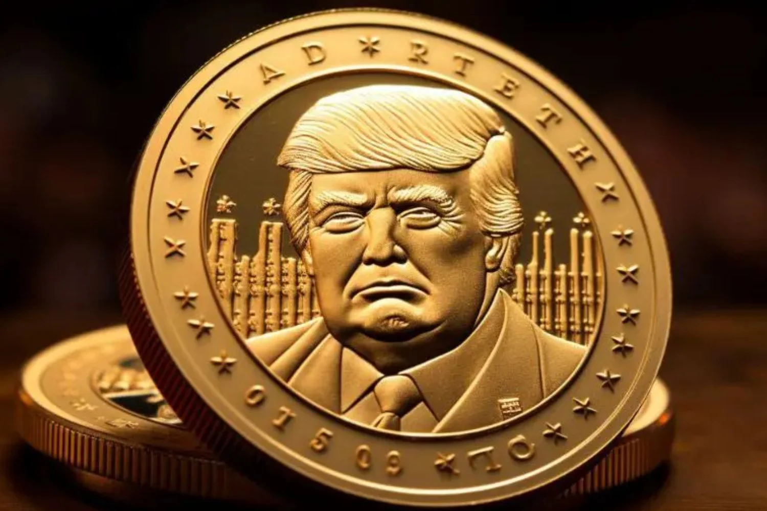 Ilustración de moneda dorada con TRUMP Ilustración de una moneda dorada con el texto TRUMP y un retrato en relieve.
