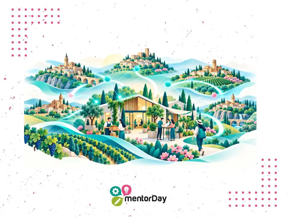 Ilustración de pueblos, cultivos y personas alrededor de un edificio rural, con el logotipo mentorDay.
