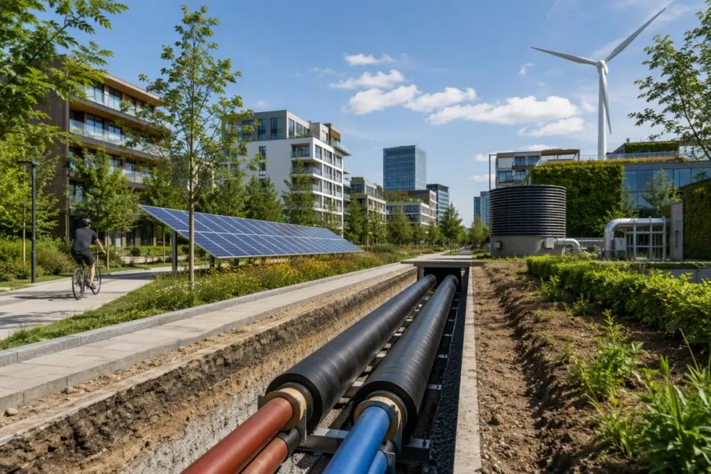 Ilustración de tuberías de una red térmica urbana junto a paneles solares y edificios.