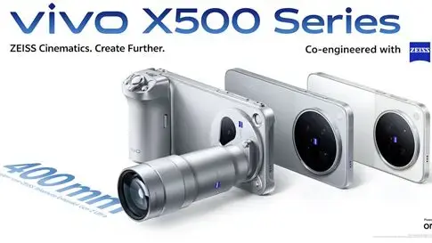 Render promocional de la serie vivo X500 Imagen promocional de tres móviles vivo X500, uno con un teleobjetivo acoplado