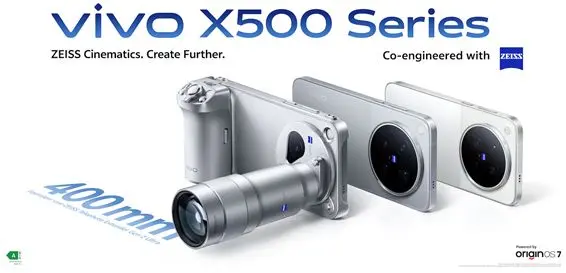 Imagen promocional de tres móviles vivo X500, uno con un teleobjetivo acoplado