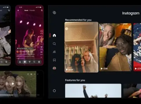 Interfaz de Instagram en varios formatos Interfaz de Instagram con videos en teléfonos y una pantalla grande.