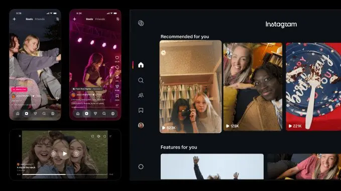 Interfaz de Instagram en varios formatos Interfaz de Instagram con videos en teléfonos y una pantalla grande.