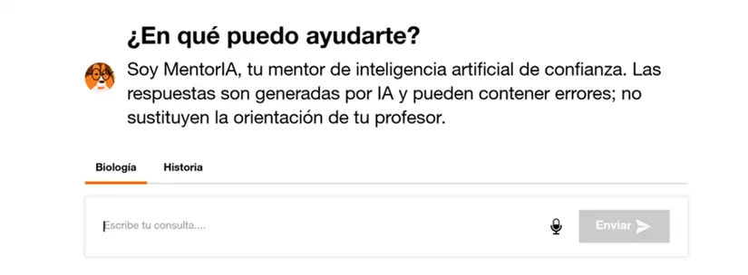 Orange lanza MentorIA, una inteligencia artificial para reforzar el pensamiento crítico de los estudiantes 1 Merca2 Captura de MentorIA con pestañas de Biología e Historia y un campo para escribir consultas.