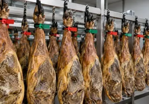 Jamones ibéricos con precintos de colores Varias piezas de jamón cuelgan en una fila con precintos de colores.