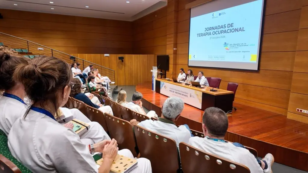 Asistentes escuchan una jornada de terapia ocupacional en un auditorio, con personas sentadas en una mesa.