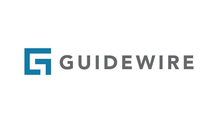 Logotipo de Guidewire en letras grises junto a un símbolo geométrico azul sobre fondo blanco.