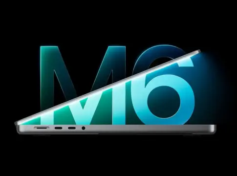 Render del MacBook Pro con gráfico M6 Render de un portátil abierto de perfil con el texto M6 en pantalla sobre fondo negro