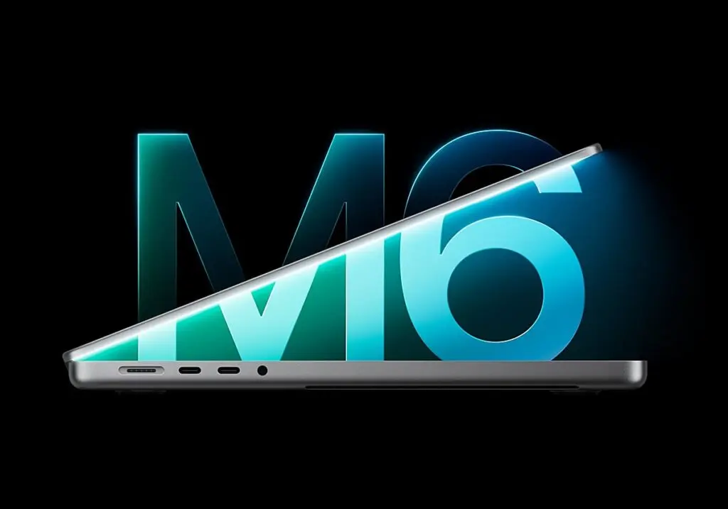Render del MacBook Pro con gráfico M6 Render de un portátil abierto de perfil con el texto M6 en pantalla sobre fondo negro