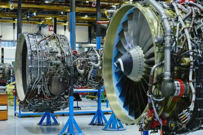 Iberia consigue el permiso para asumir en todo el mantenimiento del gigante de los cielos, el Airbus A350 2 Merca2 Motores de avión y componentes mecánicos expuestos en un taller aeronáutico.
