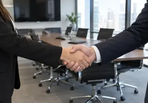 Dos personas se estrechan la mano Dos personas estrechan la mano frente a una mesa en una sala de reuniones.