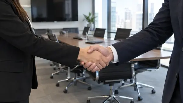 Dos personas estrechan la mano frente a una mesa en una sala de reuniones.