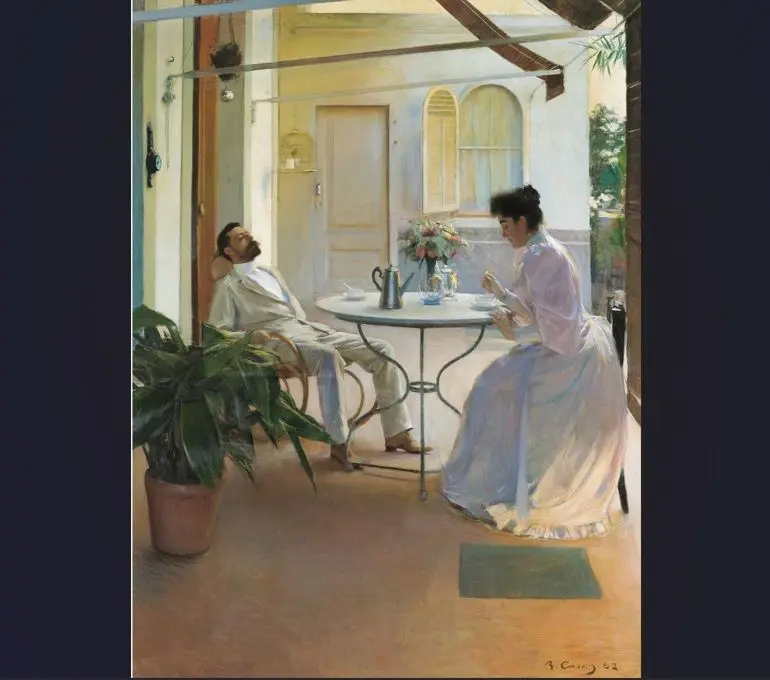 Escena pintada en un patio con mesa Pintura de dos personas sentadas alrededor de una mesa en un patio luminoso.
