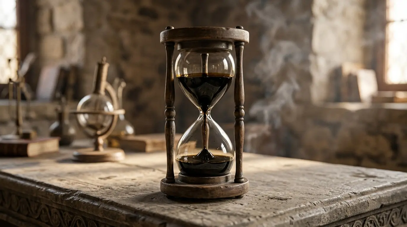 Reloj de arena con líquido oscuro Reloj de arena con líquido oscuro sobre una mesa de piedra. Petróleo y refino, generada por IA