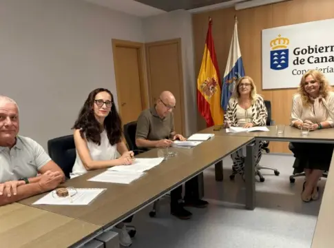 Reunión en una sala del Gobierno de Canarias Cinco personas sentadas alrededor de una mesa en una sala de reuniones del Gobierno de Canarias.
