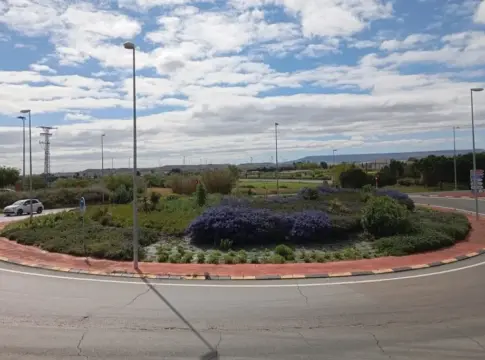 Rotonda ajardinada junto a una carretera Rotonda ajardinada con arbustos y flores moradas, rodeada por una carretera y farolas.