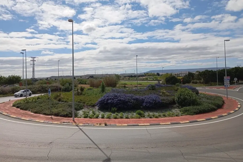 Rotonda ajardinada con arbustos y flores moradas, rodeada por una carretera y farolas.