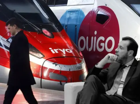Trenes de Iryo y Ouigo con figuras en primer plano. Diseñada en Canva Trenes de Iryo y Ouigo al fondo, con dos hombres en primer plano.