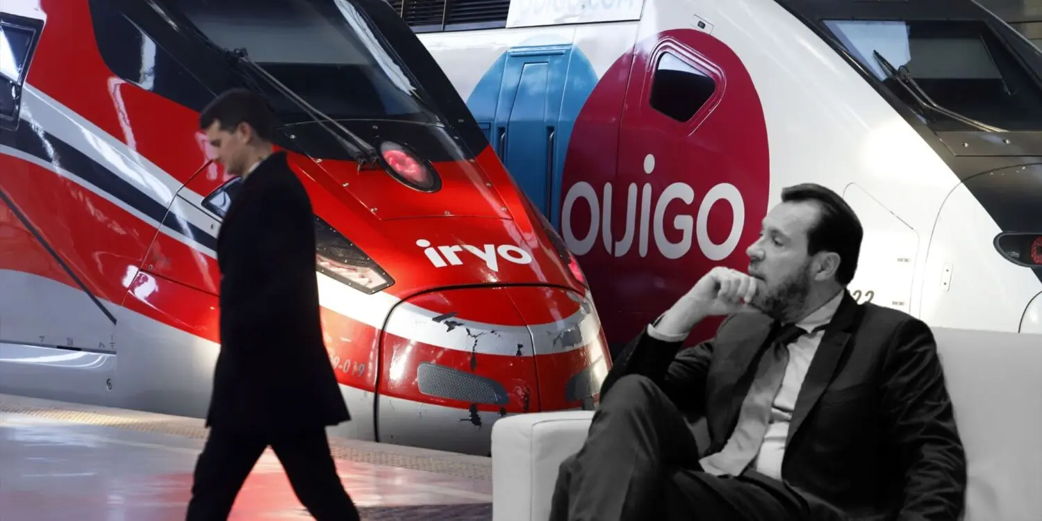 Trenes de Iryo y Ouigo con figuras en primer plano. Diseñada en Canva Trenes de Iryo y Ouigo al fondo, con dos hombres en primer plano.