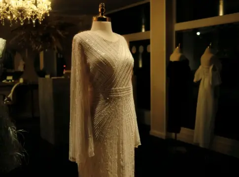 Vestido blanco adornado sobre un maniquí moda de archivo