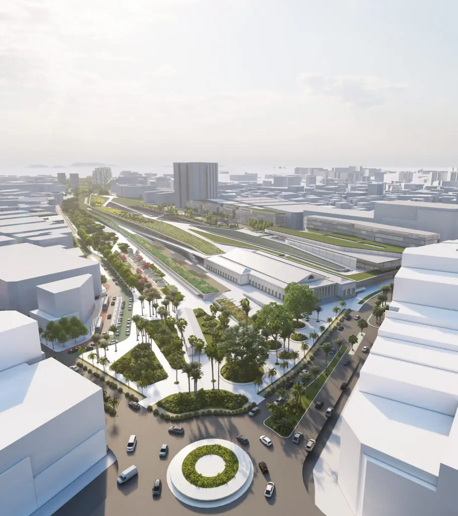 Render arquitectónico de un parque lineal junto a vías ferroviarias y edificios urbanos.