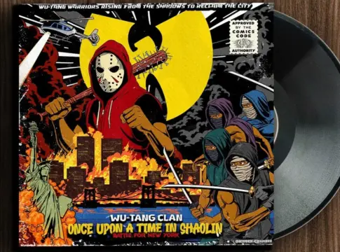 Portada ilustrada de Wu-Tang Clan y vinilo Portada ilustrada del Wu-Tang Clan junto a un disco de vinilo sobre madera.